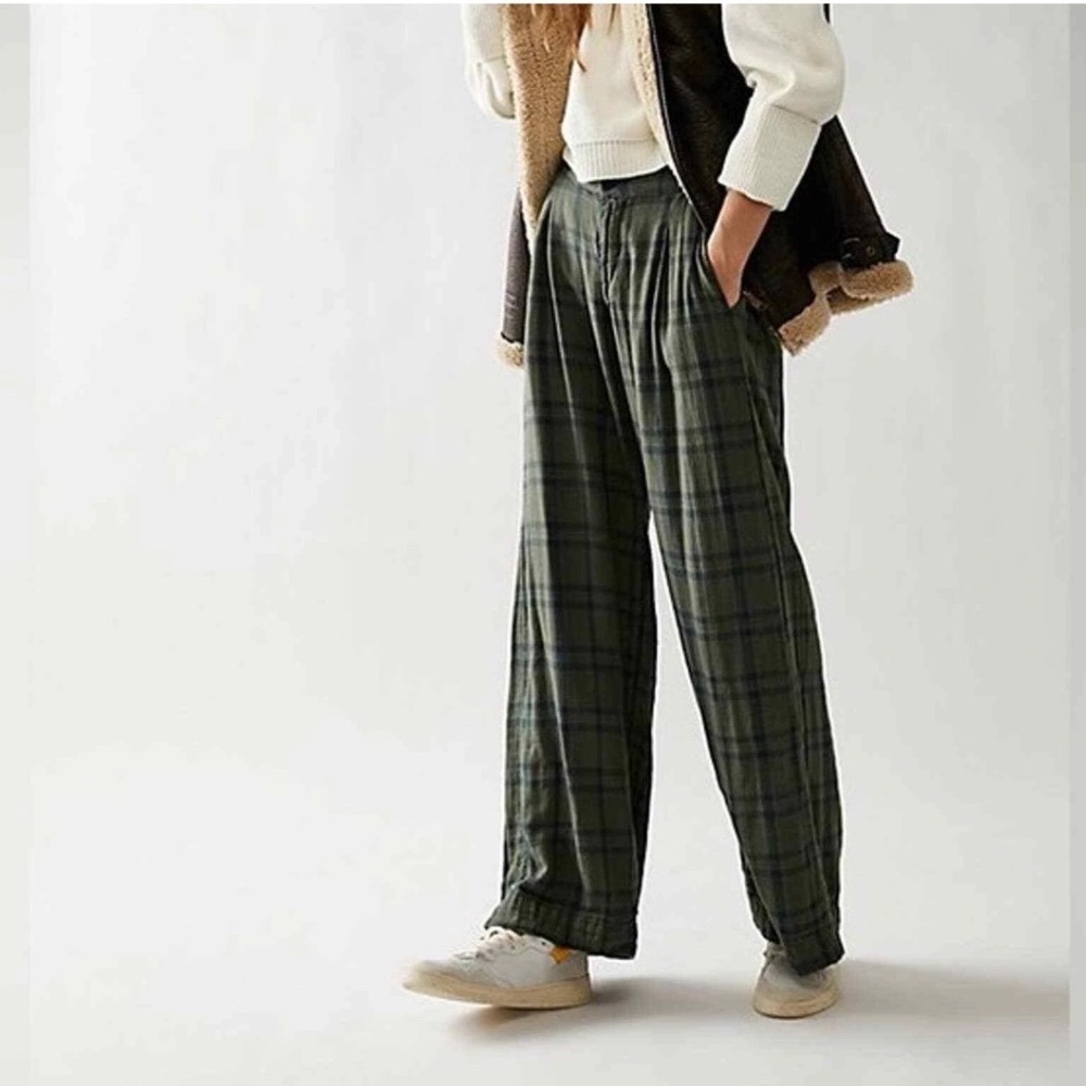Free People x CP Shades Green Plaid Trousers Wide Leg Pants Medium